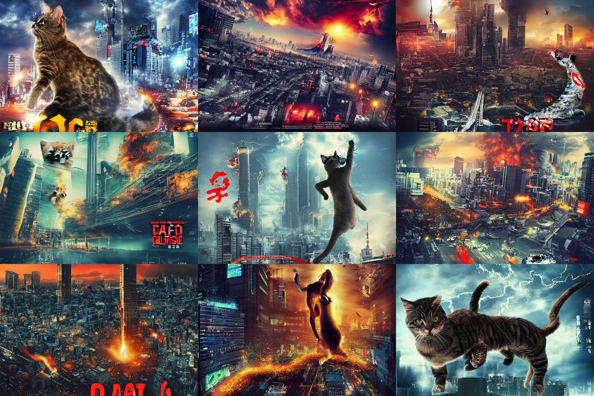 Prompt: “cat attacking Tokyo, disaster movie poster, cgstudio”