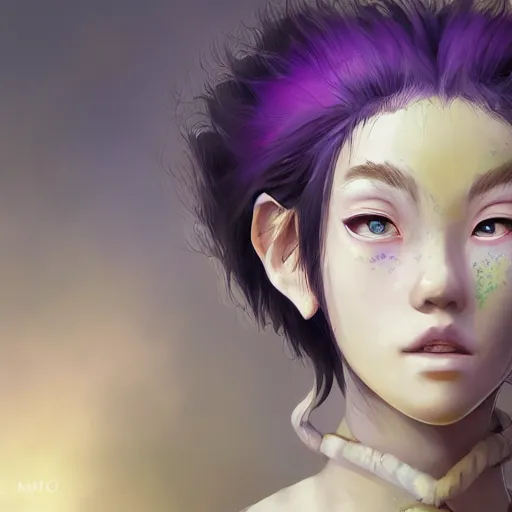 Prompt: A professional digital portrait painting of a D&D druid, painted by Hayao Miyazaki, 4k, digital art, trending on cgsociety, highly detailed, head and shoulders shot, shallow depth of field, purple and yellow lighting, professional lighting, airbrush,