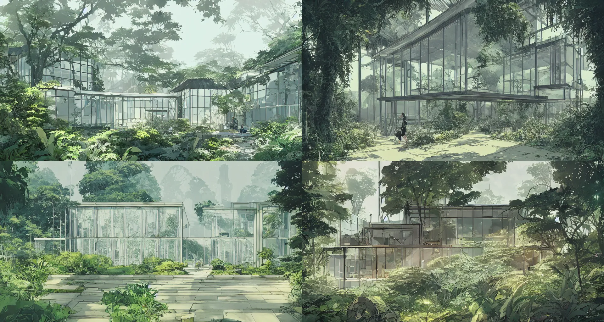 Prompt: a beautiful detailed architecture art of modern glass house connected with nature overgrown vegetation cinematic landscape by studio ghibli, by greg tocchini, by james gilleard, by joe gb fenton, by kaethe butcher, dynamic lighting, vibrant, clean, grunge aesthetic, octane render, artstation