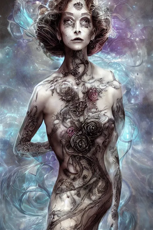 Image similar to a wlop 3 d render of very very very very highly detailed beautiful mystic portrait of a phantom undead ballerina with whirling galaxy around, tattoos by anton pieck, intricate, extremely detailed, flowing dress, digital painting, artstation, concept art, smooth, sharp focus, illustration, intimidating lighting, incredible art,