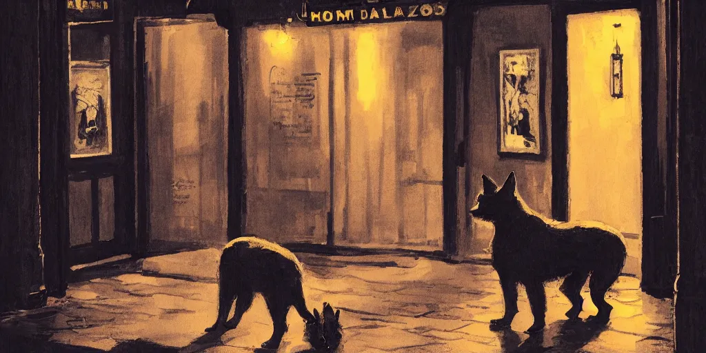 Prompt: a lady dog is waiting at the door of a jazz club, warm color palette, night time, dramatic lighting, german expresionism, noir film, character sheet, fine details, high contrast, blacksad, kim jung gi, greg rutkowski, trending on artstation, 8 k, front view, back view, ultra wide angle