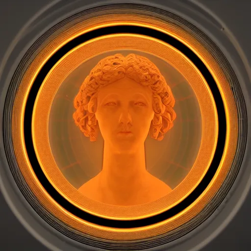 Image similar to a neon circle surrounding the head of a renaissance statue, 3 d render, black background, ray tracing, 8 k resolution, sharp focus, highly detailed, hyper realistic