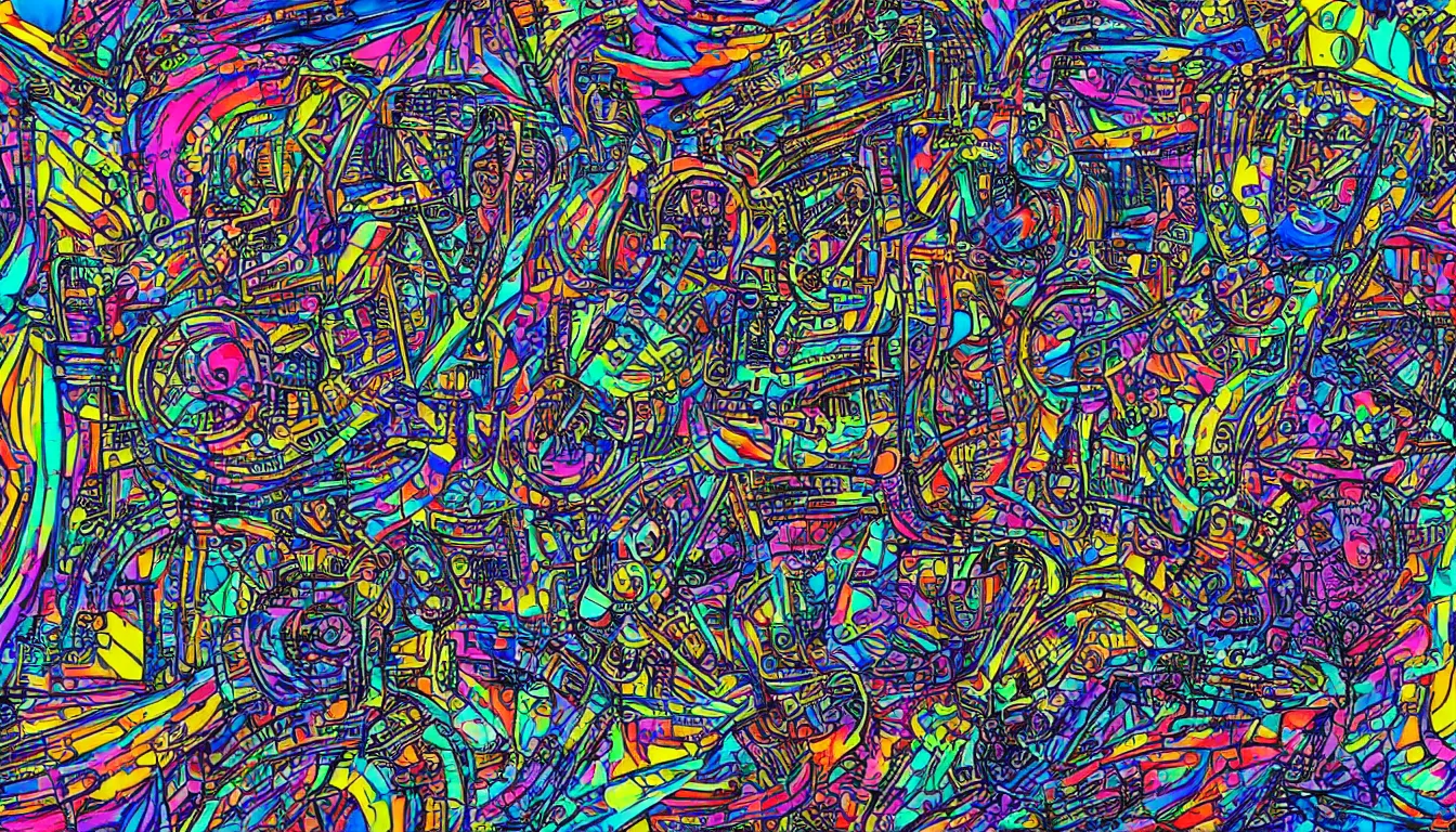 Image similar to The strange machine in the sprawling workshop. Black ink line drawing over a full color screenprint. Vivid colors. 4K.