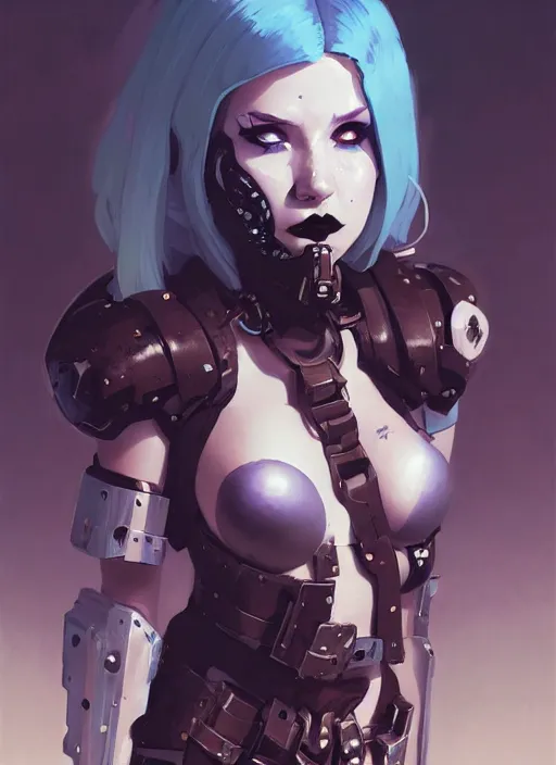 Image similar to portrait of cute goth girl in cyber bikini armor, warhammer, cyberpunk, by atey ghailan, by greg rutkowski, by greg tocchini, by james gilleard, by joe fenton, by kaethe butcher, by gustav klimt, dynamic lighting, gradient light blue, brown, blonde cream and white color in scheme, grunge aesthetic