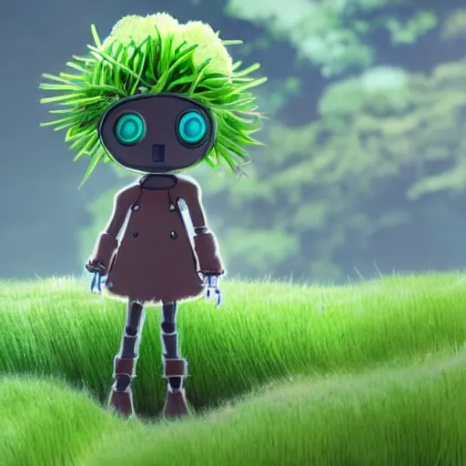 Prompt: cute little robot with grass hair, tomato hat and one chive as a walking stick, made in abyss style, standing on a forest