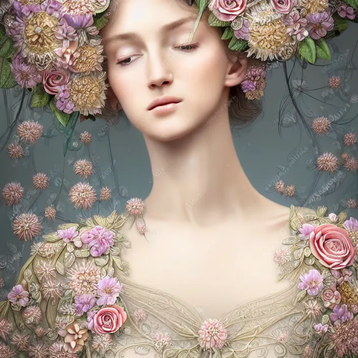 Prompt: photo portrait of a beautiful woman like a nymph - flowers - dressed in long elegant intricate ornamental ethereal floral dress, natural skin tone, highly detailed realistic flowers ornament in the upper side of breast, bust with a long beautiful neck , long blond hair are intricate with highly detailed realistic flowers, elegant, Realistic, Refined, Highly Detailed, natural soft pastel lighting colors scheme, fine art photography by Cecil Beaton, volumetric lighting, hyper realistic photography