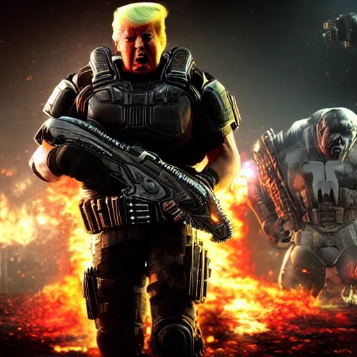 Image similar to Movie still of Donald Trump as ((the punisher)) in Gears of War, splash art, movie still, cinematic lighting, dramatic, octane render, long lens, shallow depth of field, bokeh, anamorphic lens flare, 8k, hyper detailed, 35mm film grain