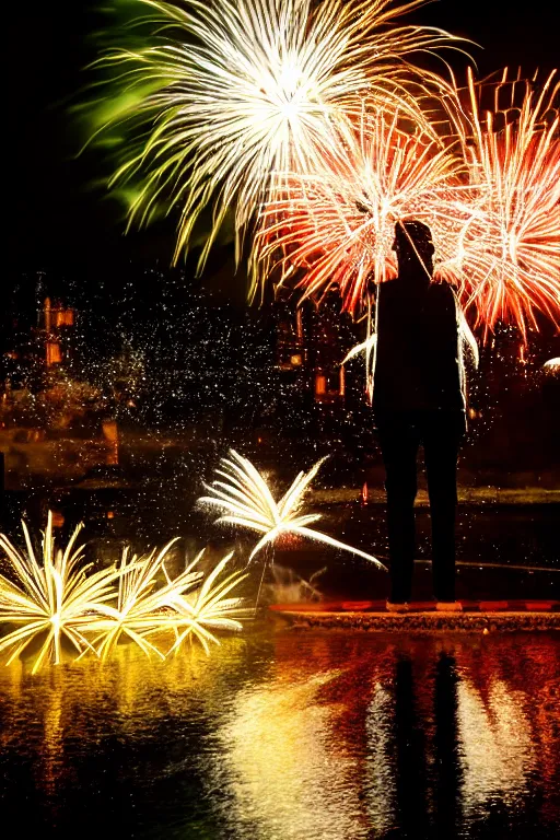 Image similar to scooter techno standing in water with fireworks in background, full body, reflection in water, volumetric lighting, golden ratio