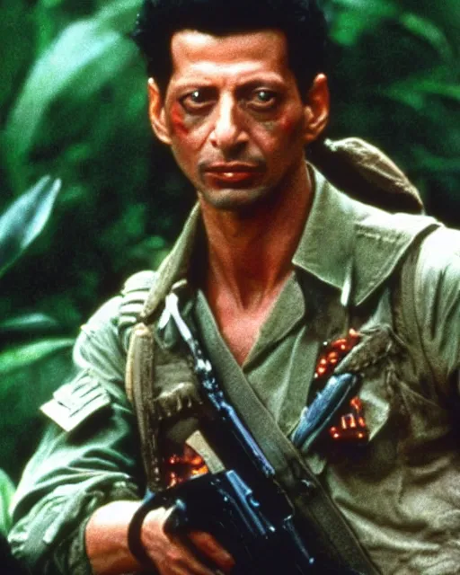 Prompt: Jeff Goldblum as Major Dutch in Predator (1987), movie still