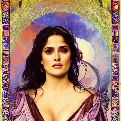 Image similar to salma hayek portrait by alfons mucha, playful, fantasy, medieval, beautiful face, vivid colrs, elegant, concept art, sharp focus, digital art, hyper - realistic, 4 k, unreal engine, highly detailed, hd, dramatic lighting by brom, trending on artstation