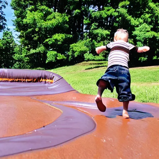 Prompt: kid going down chocolate pudding slip n slide head first, photo taken at the park