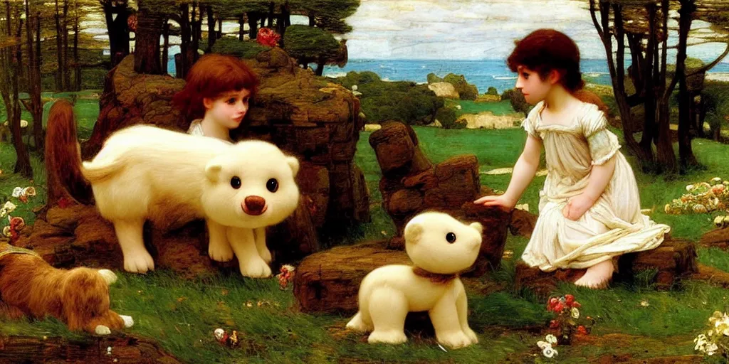 Image similar to 3 d precious moments plush animal, master painter and art style of john william waterhouse and caspar david friedrich and philipp otto runge