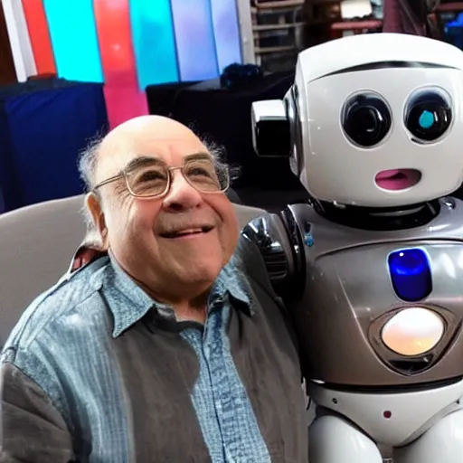 Image similar to <picture meta='attention-grabbing' description='cute adorable friendly caring' robotDesires='hug' location='alabama'>Robot meets Danny DeVito<picture>