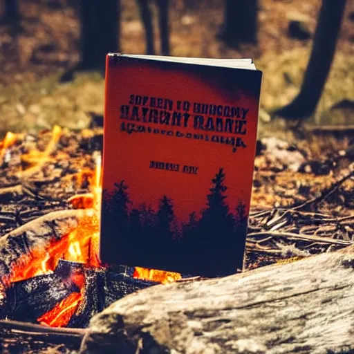 Prompt: book near a campfire, spooky forest background burnt orange and navy hues, highly detailed, dslr
