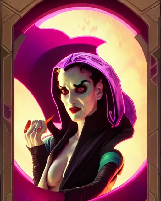 Image similar to winona ryder as scream queen, supervillain, villainess, comic cover painting, masterpiece artstation. 8 k, sharp high quality artwork in style of wayne reynolds, alphonse mucha, greg rutkowski, and don bluth, concept art by jack kirby, blizzard warcraft artwork, hearthstone card game artwork