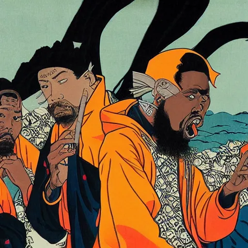 Image similar to wu-tang clan rapping, portrait, style of ancient text, hokusai