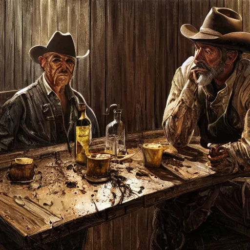 Prompt: modern stylized oil painting portrait of wrinkled and rugged cowboy, dirty and muddy with worker clothes at table with bottle in western saloon, 1890, masterpiece, realistic and detailed, artstation, interesting artificial spotlight lightning, cinematic, dramatic