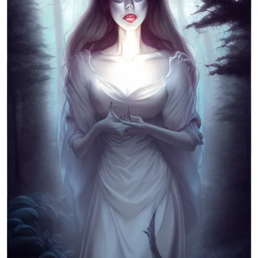 Prompt: in the style of artgerm, thomas kinkade, female ghost, flowing dress, symmetrical face, symmetrical eyes, in the woods, moody lighting, dark fantasy