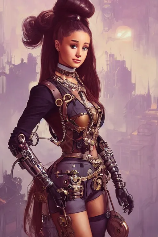 Prompt: ariana grande as a steampunk cyborg, portrait, western, steampunk, duster, fantasy, intricate, elegant, highly detailed, digital painting, artstation, concept art, sharp focus, illustration, art by artgerm and greg rutkowski and alphonse mucha