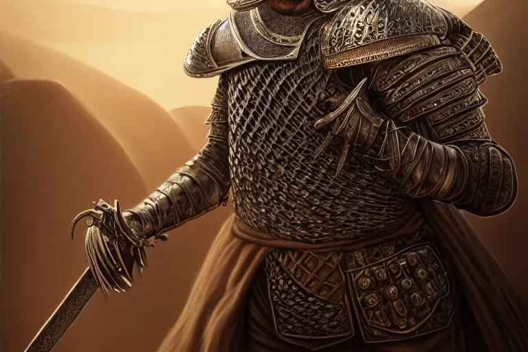 Image similar to Portrait of a handsome king in the desert, Medieval Warrior, detailed scene, Armour and Crown, Sword, photo realistic, highly detailed, dramatic lighting, trending on artstation, elegant, intricate, character design, motion and action and tragedy, fantasy, D&D, highly detailed, digital painting, concept art