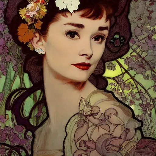 Image similar to romantic painted portrait of audrey hepburn by james jean, mucha