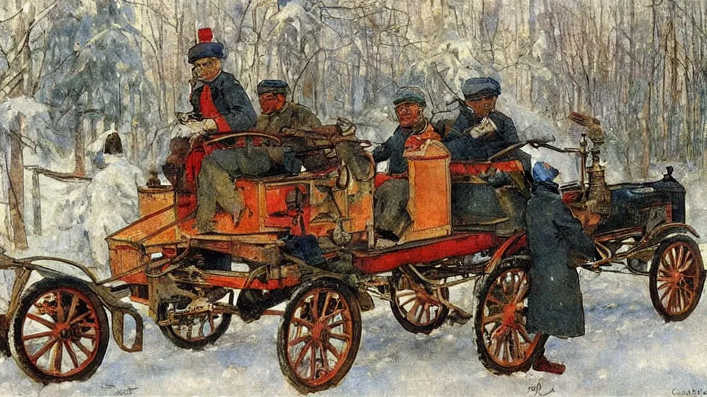 Prompt: russian revolution diesel - powered 1 9 1 0, painting by carl larsson