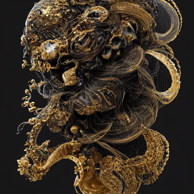 Image similar to black background. absolutely symmetrical sculpture. centered. goddess princess face close-up portrait ram skull. sculpture made of gold and black charcoal. jellyfish phoenix head, nautilus, orchid, skull, betta fish, bioluminiscent creatures, intricate artwork by Tooth Wu and wlop and beeple. octane render, trending on artstation, greg rutkowski very coherent symmetrical artwork. cinematic, hyper realism, high detail, octane render, 8k