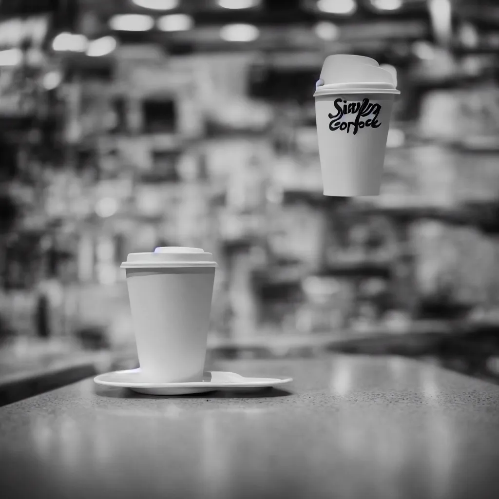 Prompt: a disposable coffee cup sitting on a diner counter, Sigma 24 mm f/8 – wider angle