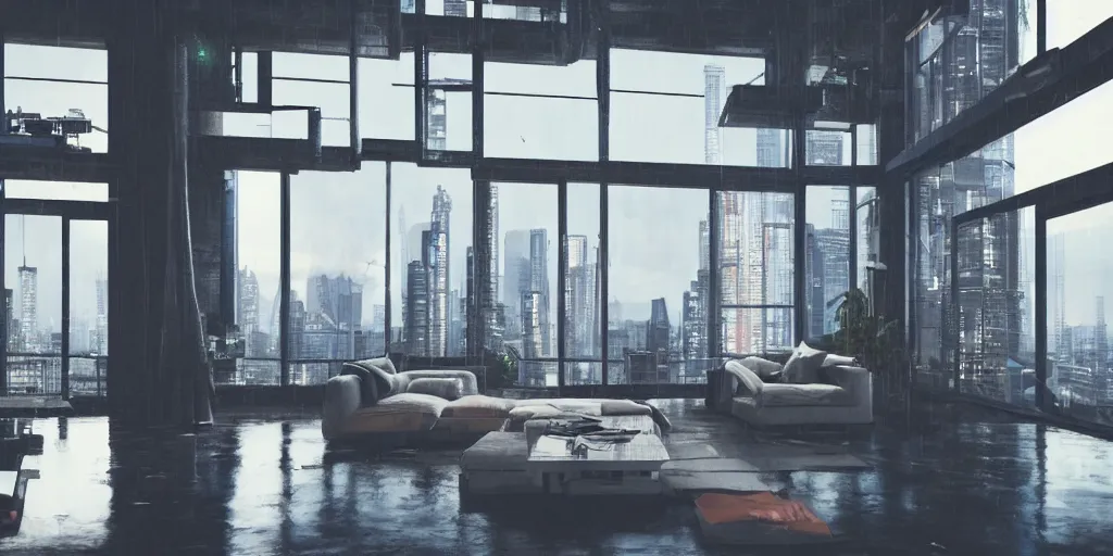 Prompt: Picture of a loft in evening, science-fiction, cyberpunk city, rainy day outside, luxury, interior design, tall windows