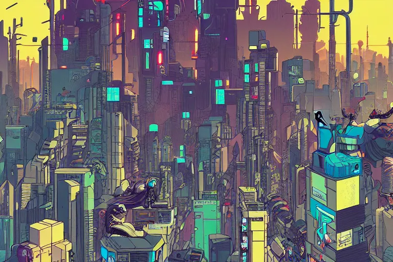 Image similar to a crowded cyberpunk intersection by Josan Gonzalez, golden ratio, heavy linework, clean strokes, sharp edges, flat colors, cell shaded