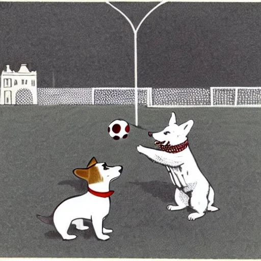 Image similar to illustration of french boy in paris playing football against a corgi, the dog is wearing a polka dot scarf, comic, 1 9 6 2