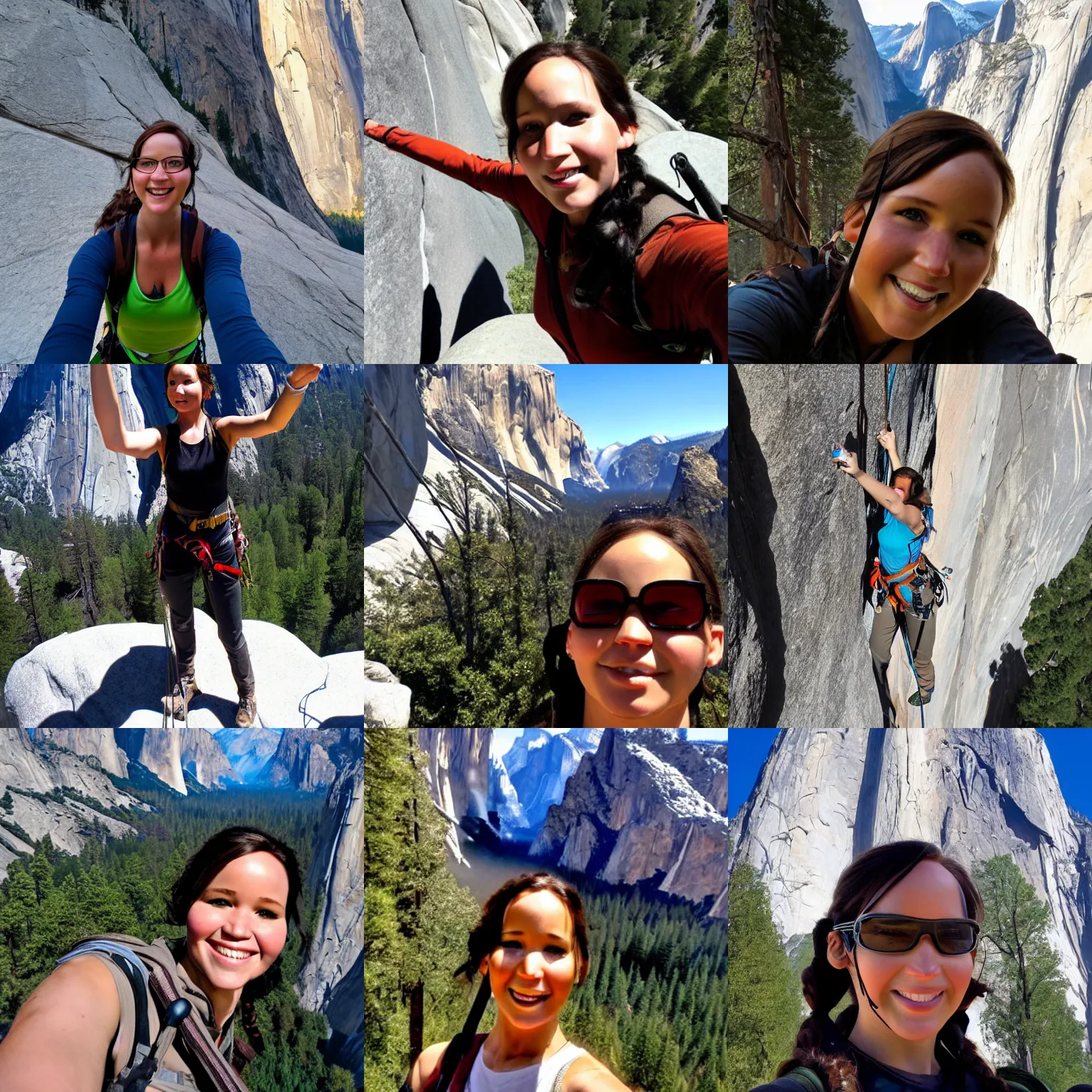 Prompt: Selfie of Katniss Everdeen rock climbing, El Capitan, Yosemite Valley