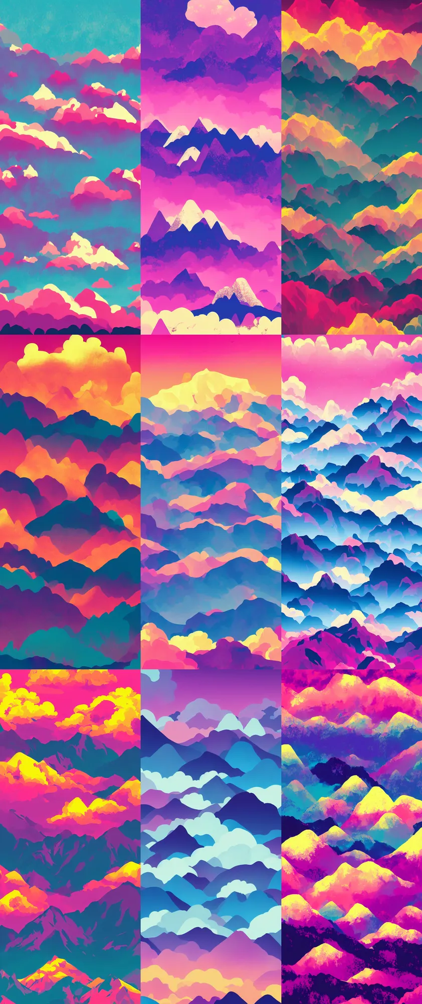 Prompt: A beautiful aesthetic landscape of towering mountains with a sky full of clouds, brightly lit, digital art, 4k magenta color pallete