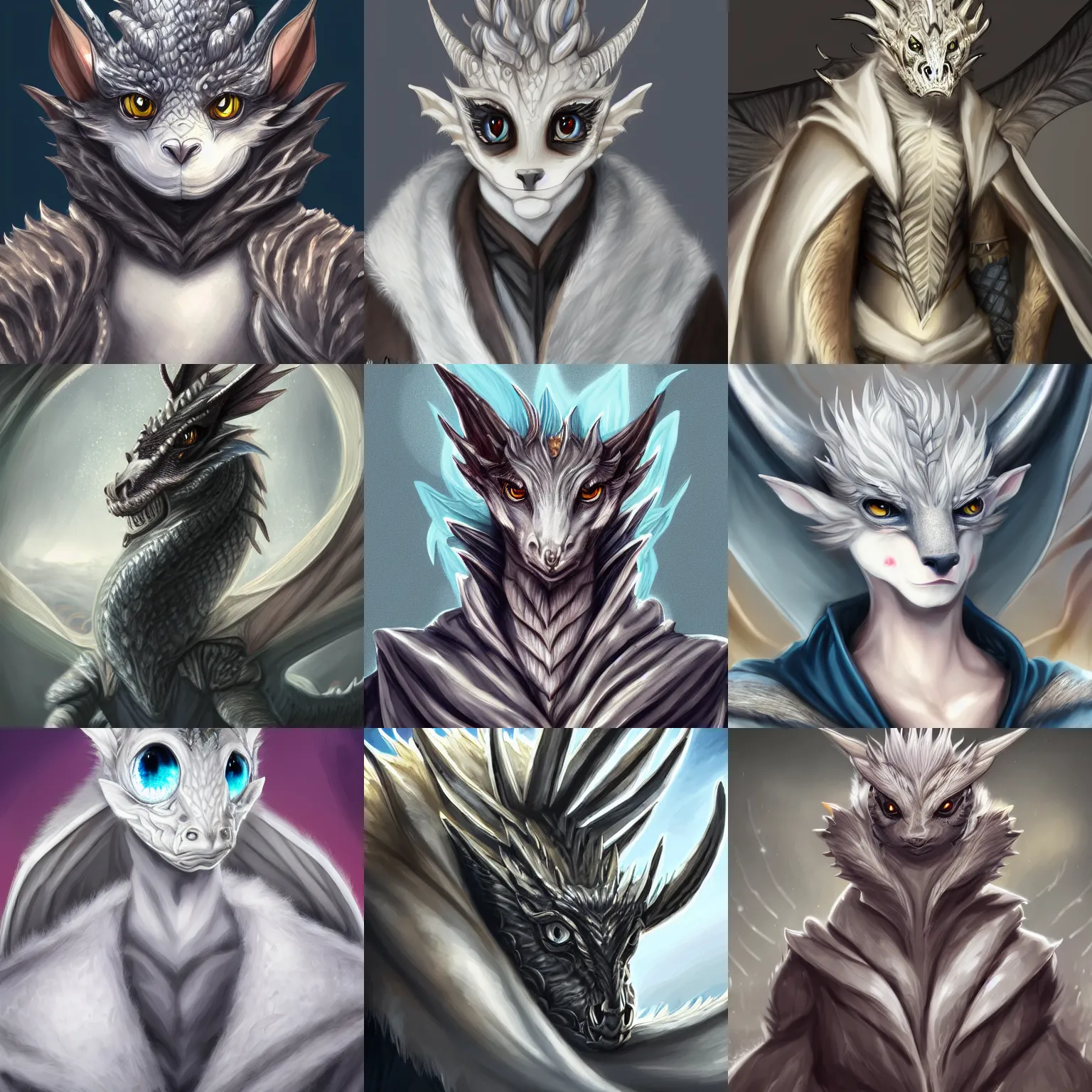 Image similar to very very beautiful half body portrait of a handsome young anthropomorphic silver dragon, soft draconic features, cute large eyes, wearing a luxurious silk cloak, commission on furaffinity, artstation, high quality digital art, warm colors