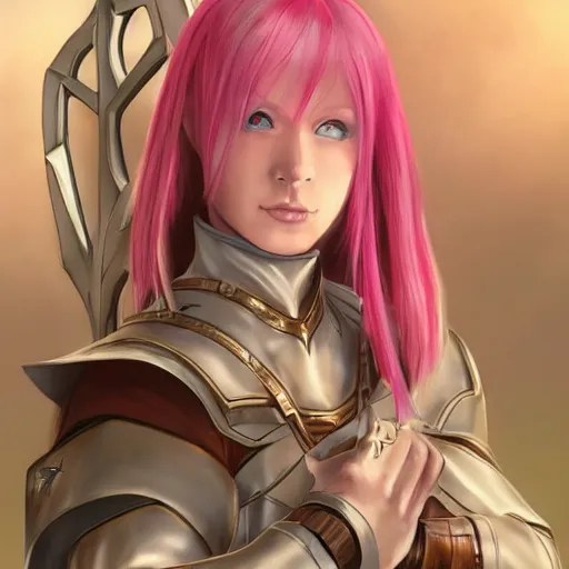 Image similar to beautiful, pink short haired, half elf woman, healer wearing cleric clothing and holding a shield, dungeons and dragons, character portrait, full face render, crimson eye color, illustration drawing, cell shaded, anime style 4 k, 8 k, hyper detailed, back lighting