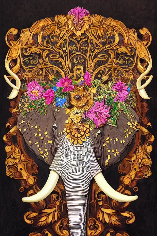 Image similar to Painted dark-wood panel relief carving of a close up of a Flowerpunk Matriarch Elephant, ornate border frame, explosion of colorful flowers, dark wood, intricately carved, black ink, festival of rich colors, intricate details, cinematic lighting, volumetric lighting, post-processing, art nouveau, by andreas rocha and john howe, and Martin Johnson Heade, featured on artstation, featured on behance, golden ratio, hyper detailed, photorealistic, epic composition, center spotlight, f32, well composed, symmetrical, UE5, 8k