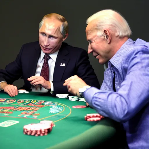 Image similar to Putin playing poker with Biden in a dark scary room, both are smoking, noir