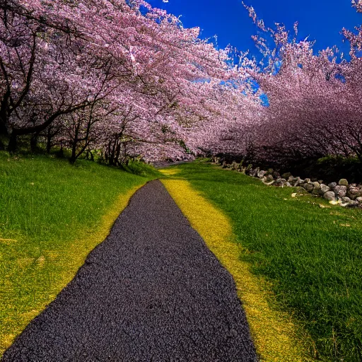 Image similar to stone path through a cherry blossom filled valley leading to a monastery. adult swim, minimalistic