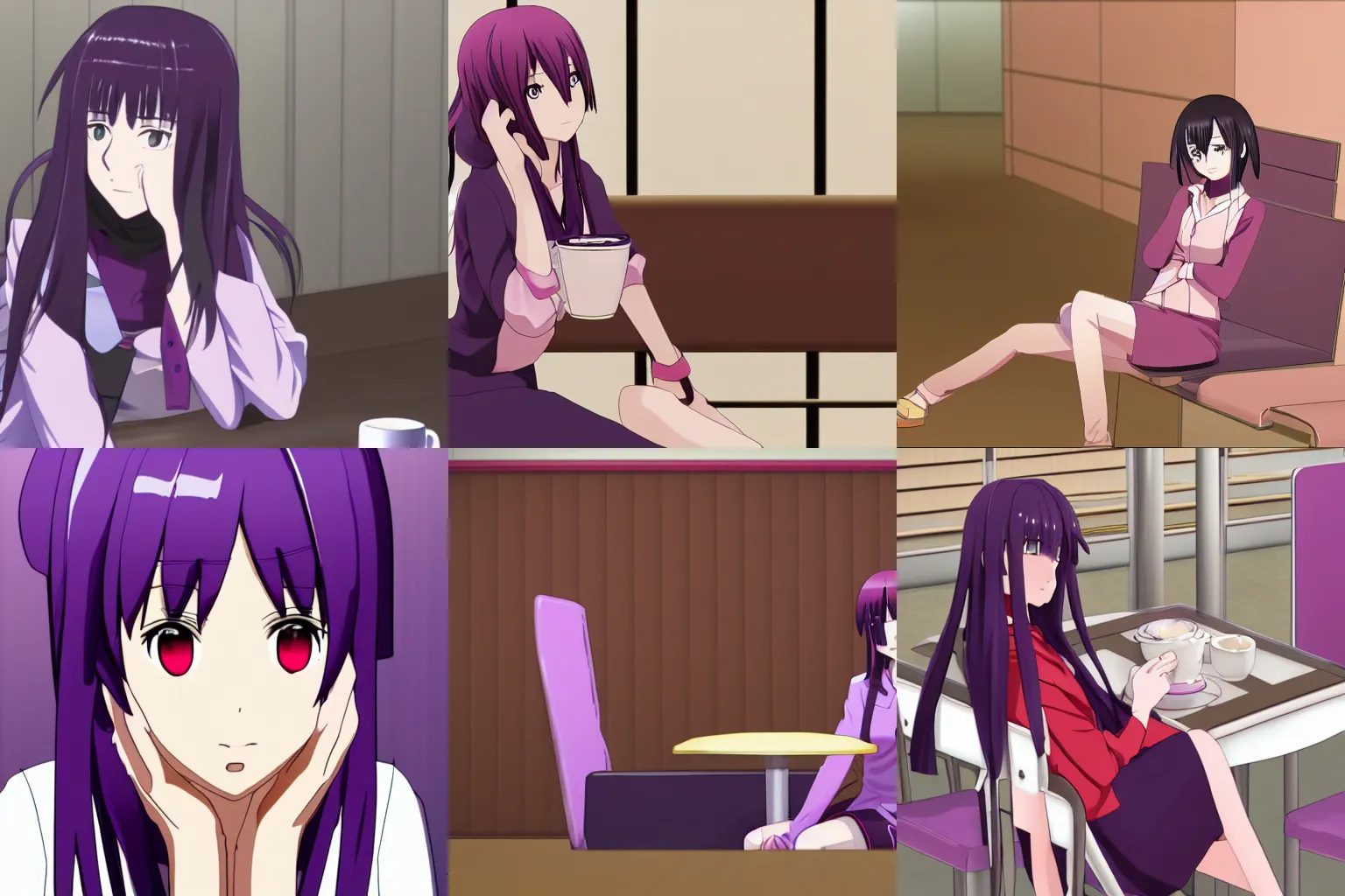 Prompt: A portrait of Hitagi Senjougahara sitting alone in the cafe, 8k resolution, detailed