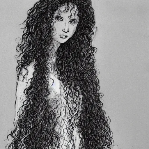 Image similar to a black and white drawing of a woman with long curly hair using a dress