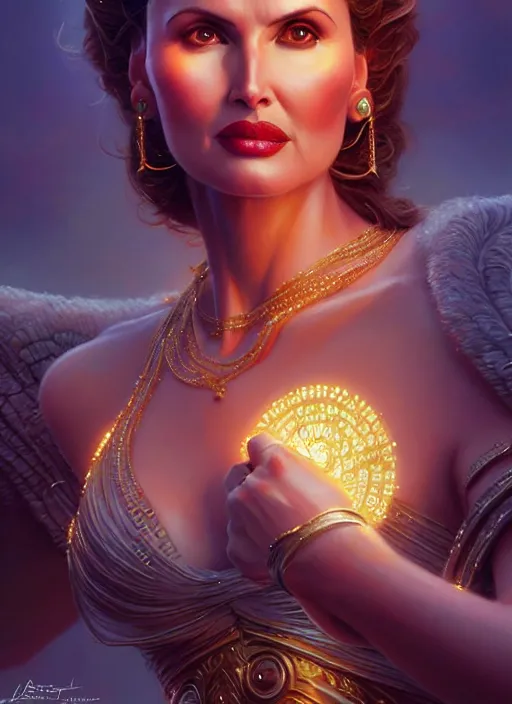 Image similar to geena davis as hera, intricate, elegant, glowing lights, highly detailed, digital painting, artstation, glamor pose, concept art, smooth, sharp focus, illustration, art by artgerm and greg rutkowski, artey freytag