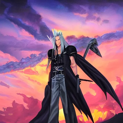 Image similar to painting of sephiroth from final fantasy 7!!!!!, watching a purple and orange sunset!!, from the black mage cemetery!!!, in the style of justin gerard!!!!