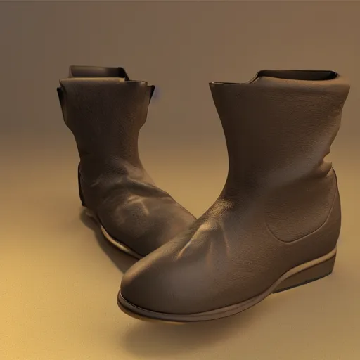 Image similar to hyper realistic complex 3 d vintage the flat head boots, blender, lighting wide shot