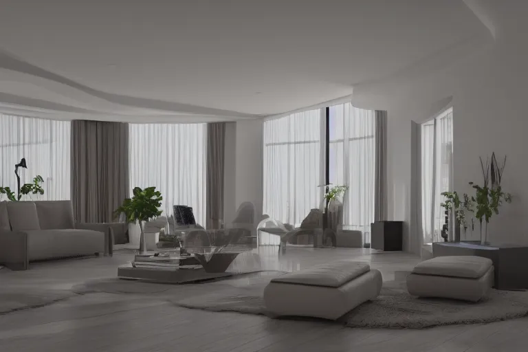 Prompt: a livingroom designed by Calatrava, interior design, realist, render, 8k