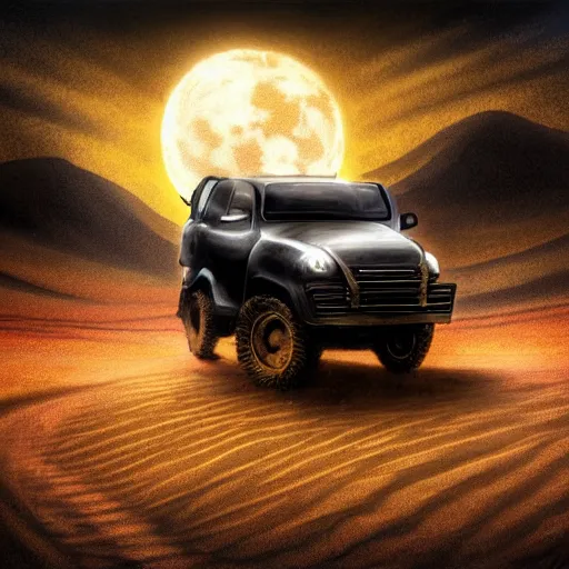 Image similar to someone driving at night with the moon in the sky, desert, concept art, fantasy, intricate, highly detailed, digital painting, elegant