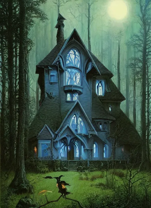 Image similar to hyper realistic witchy modern gothic house with mood lighting and tech in the woods gorgeous lighting, sunbeams blue sky, highly detailed, lush forest foliage painting by zdzisław beksinski and norman rockwell and greg rutkowski weta studio, and lucasfilm