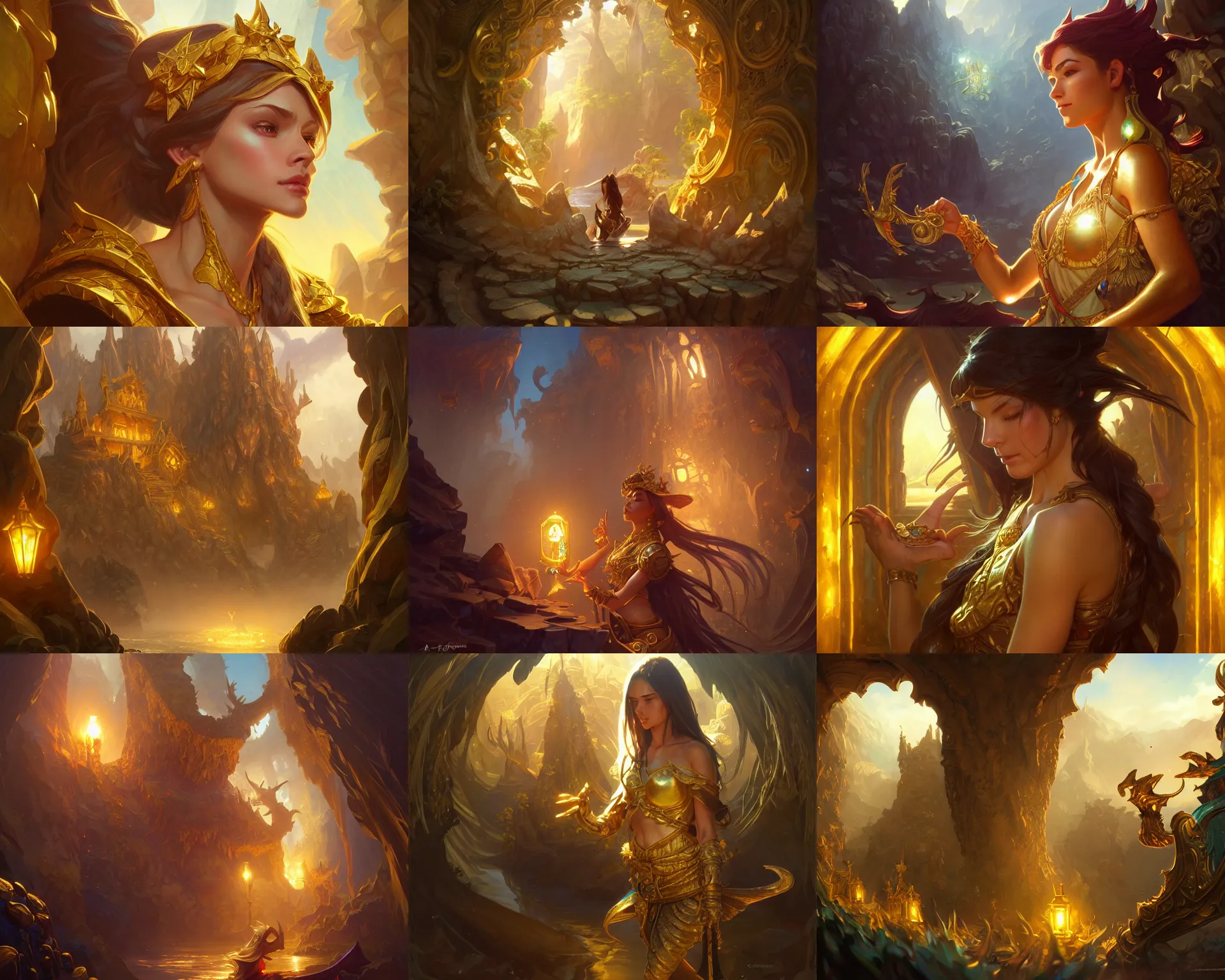 Prompt: treasure cove entrance, shiny gold, deep focus, d & d, fantasy, intricate, elegant, highly detailed, digital painting, artstation, concept art, matte, sharp focus, illustration, hearthstone, art by artgerm and greg rutkowski and alphonse mucha