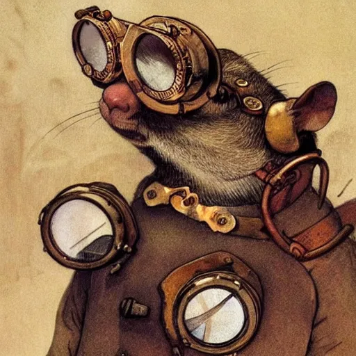 Image similar to a rat with steampunk googles, by Alfons Maria Mucha