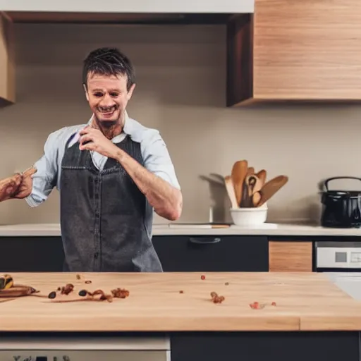 Prompt: photo of a man dancing in the kitchen, the kitchen is a mess, shutterstock, getty images, istockphoto,