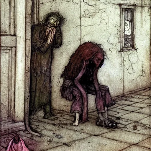 Image similar to dilapidated man begging with ragged mutt on streetcorner. illustration by Brian Froud and John Bauer